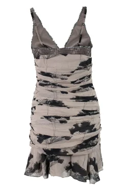 Brown and black sleeveless ruched silk mini dress with lace detail and spaghetti straps