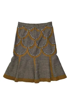 Brown and charcoal embellished silk-blend pull-on high-rise flounce skirt with scalloped suede inserts