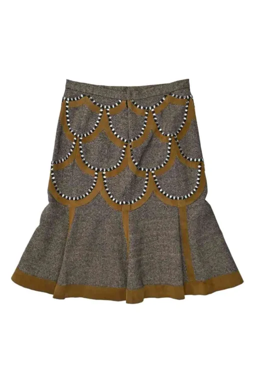 Brown and charcoal embellished silk-blend pull-on high-rise flounce skirt with scalloped suede inserts
