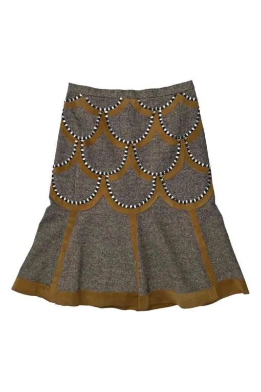Brown and charcoal embellished silk-blend pull-on high-rise flounce skirt with scalloped suede inserts