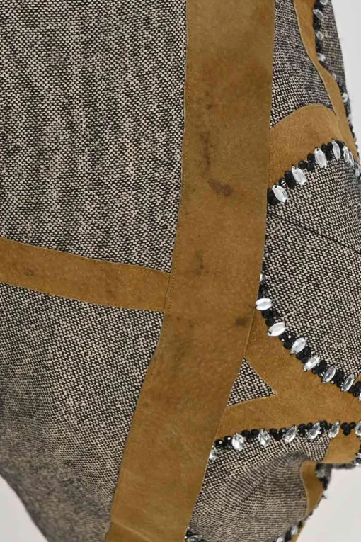 Brown and charcoal embellished silk-blend pull-on high-rise flounce skirt with scalloped suede inserts