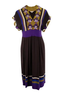 Brown and multi-colour short-sleeve knit dress with patterned trim