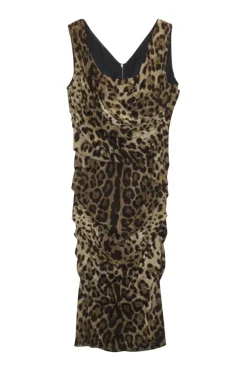 Brown bias-cut draped silk-blend leopard print draped sheath dress