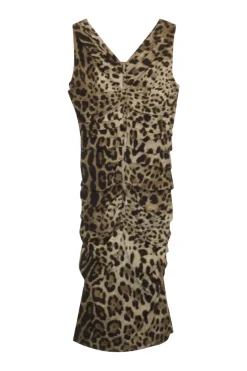 Brown bias-cut draped silk-blend leopard print draped sheath dress