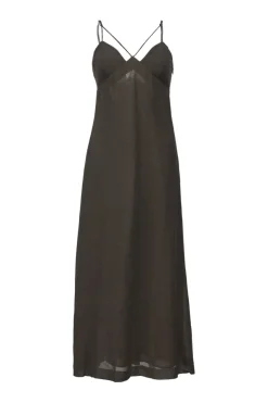 Brown bias-cut paneled viscose-blend cutout bustier slip dress with