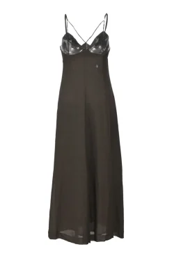 Brown bias-cut paneled viscose-blend cutout bustier slip dress with