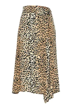 Brown bias-cut rayon leopard print pull-on A-line midi handkerchief skirt