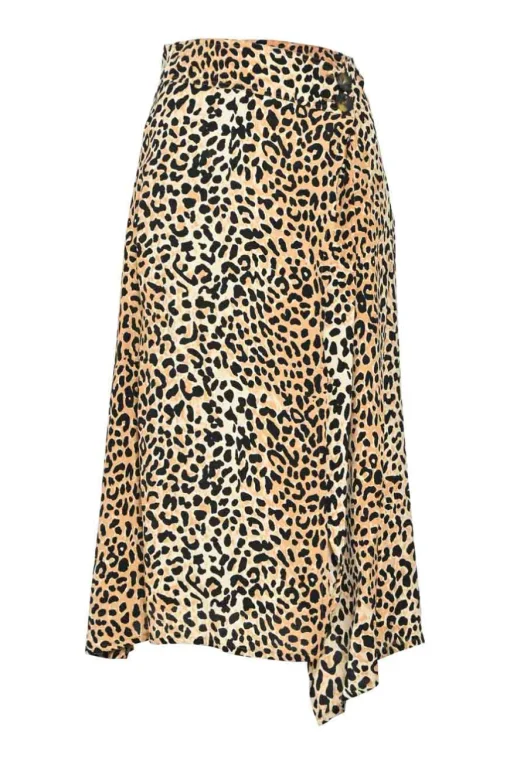 Brown bias-cut rayon leopard print pull-on A-line midi handkerchief skirt