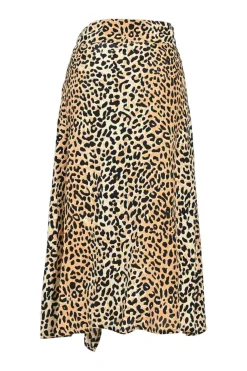 Brown bias-cut rayon leopard print pull-on A-line midi handkerchief skirt