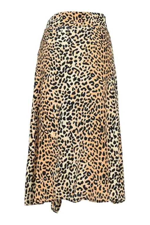 Brown bias-cut rayon leopard print pull-on A-line midi handkerchief skirt