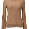 Brown cashmere-silk blend 3D chainlink mock neck pullover second-skin knit top