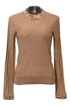 Brown cashmere-silk blend 3D chainlink mock neck pullover second-skin knit top