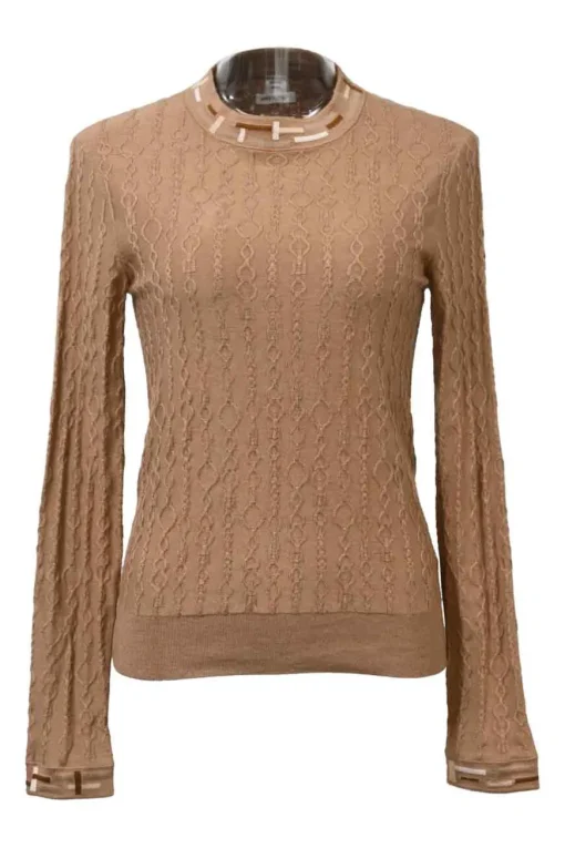Brown cashmere-silk blend 3D chainlink mock neck pullover second-skin knit top