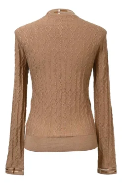 Brown cashmere-silk blend 3D chainlink mock neck pullover second-skin knit top