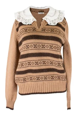 Brown contrast collar Fair Isle camel-hair sweater