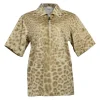 Brown cotton abstract leopard print spread collar half-zip pullover short sleeve shirt