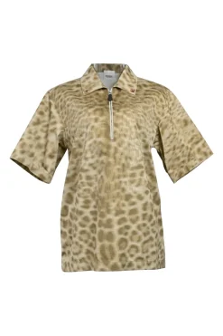 Brown cotton abstract leopard print spread collar half-zip pullover short sleeve shirt
