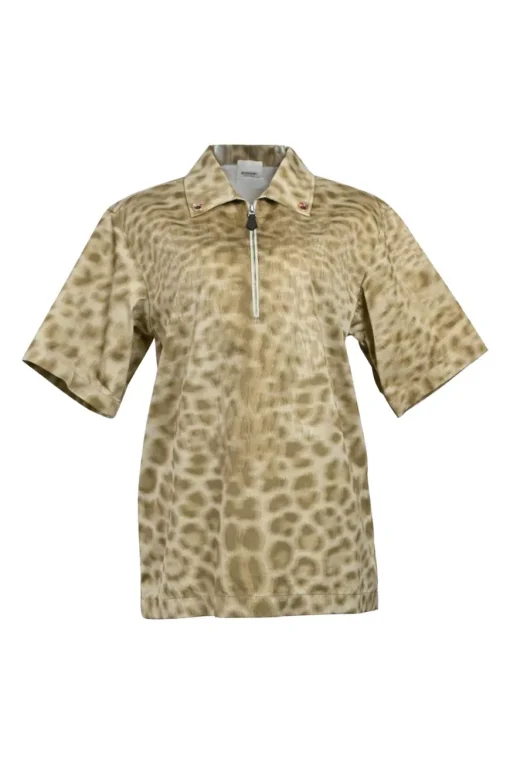 Brown cotton abstract leopard print spread collar half-zip pullover short sleeve shirt