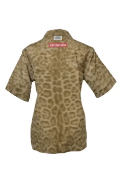 Brown cotton abstract leopard print spread collar half-zip pullover short sleeve shirt