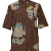 Brown cotton floral print spread collar button-front half-sleeve shirt
