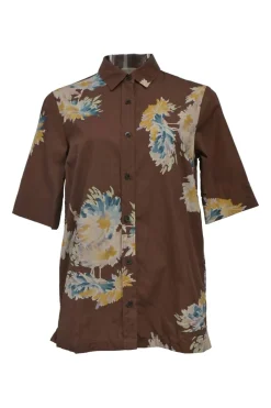 Brown cotton floral print spread collar button-front half-sleeve shirt
