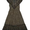 Brown cotton floral print half Bertha collar A-line midi dress with contrasting guipure lace inserts