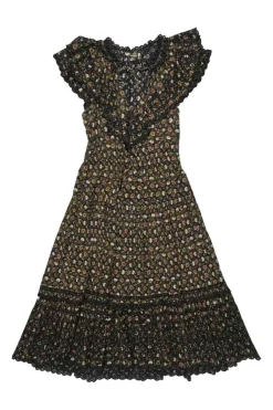 Brown cotton floral print half Bertha collar A-line midi dress with contrasting guipure lace inserts