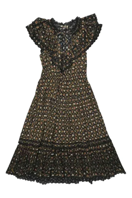 Brown cotton floral print half Bertha collar A-line midi dress with contrasting guipure lace inserts