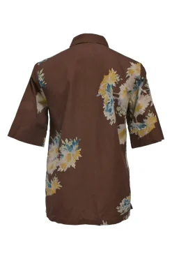 Brown cotton floral print spread collar button-front half-sleeve shirt