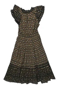 Brown cotton floral print half Bertha collar A-line midi dress with contrasting guipure lace inserts