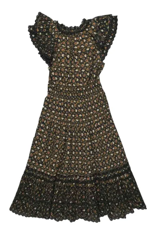 Brown cotton floral print half Bertha collar A-line midi dress with contrasting guipure lace inserts