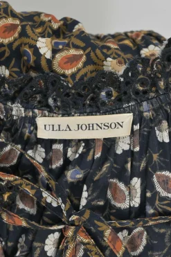 Brown cotton floral print half Bertha collar A-line midi dress with contrasting guipure lace inserts