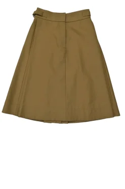 Brown cotton gabardine pull-on high-rise utility A-line knee-length skirt with snap vented back