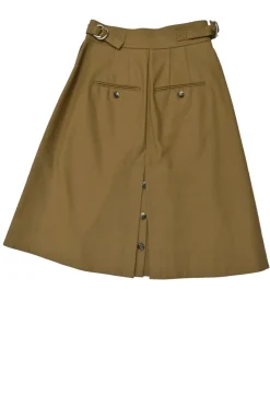 Brown cotton gabardine pull-on high-rise utility A-line knee-length skirt with snap vented back