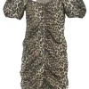 Brown cotton leopard print puff sleeve sweetheart neck ruched mini dress