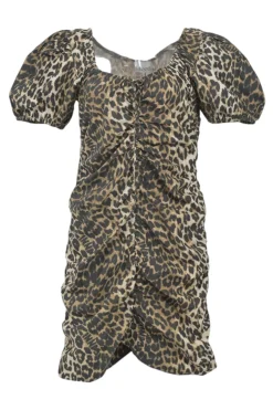 Brown cotton leopard print puff sleeve sweetheart neck ruched mini dress