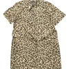 Brown cotton leopard print point collar dolman sleeve tie-waist shirt dress