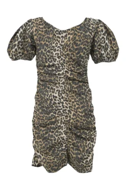 Brown cotton leopard print puff sleeve sweetheart neck ruched mini dress