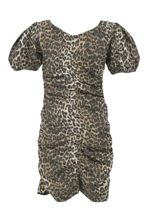 Brown cotton leopard print puff sleeve sweetheart neck ruched mini dress