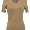 Brown cotton micro-rib half-sleeve V-neck top