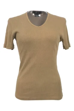 Brown cotton micro-rib half-sleeve V-neck top