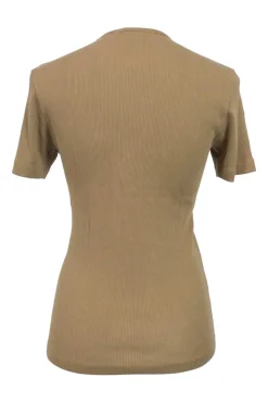 Brown cotton micro-rib half-sleeve V-neck top