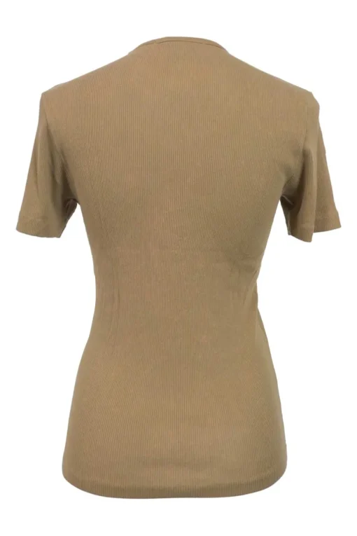 Brown cotton micro-rib half-sleeve V-neck top