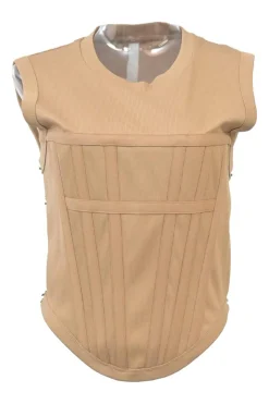 Brown cotton rib knit corset tank top with boned bodice and side hook and eye fastening