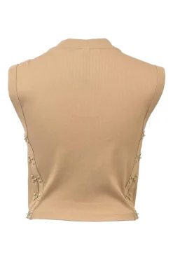 Brown cotton rib knit corset tank top with boned bodice and side hook and eye fastening