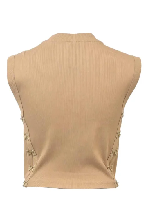 Brown cotton rib knit corset tank top with boned bodice and side hook and eye fastening