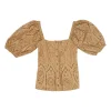 Brown cotton square neck broderie Anglaise button-front puff sleeve top