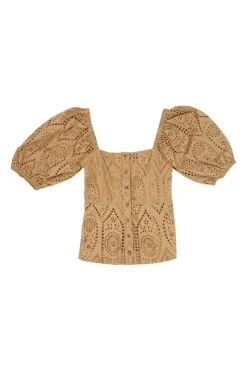 Brown cotton square neck broderie Anglaise button-front puff sleeve top