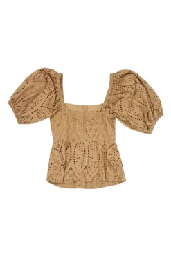 Brown cotton square neck broderie Anglaise button-front puff sleeve top