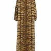 Brown cotton tiger print spread collar half-button Bangla maxi dress